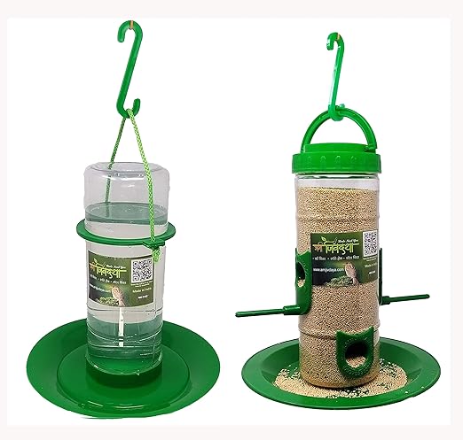 Amijivdaya Medium Bird and Water Feeder Combo (Green, Transparent)